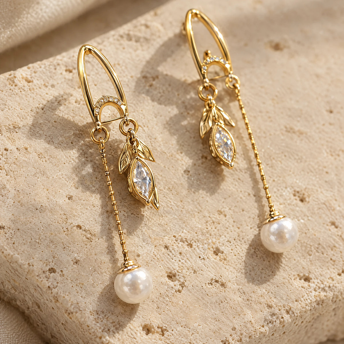 Pearl Leaf Chain Threader Earrings by Oraki Jewels, detail close-up