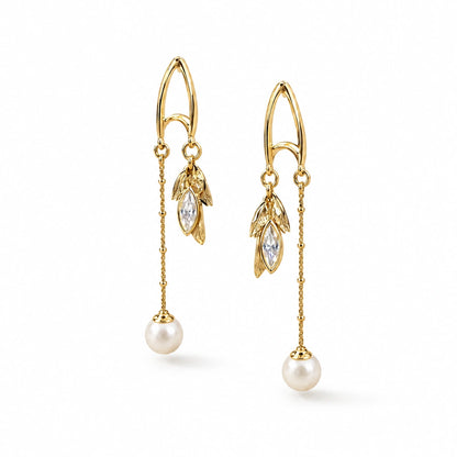 Pearl Leaf Chain Threader Earrings by Oraki Jewels, angled view on white