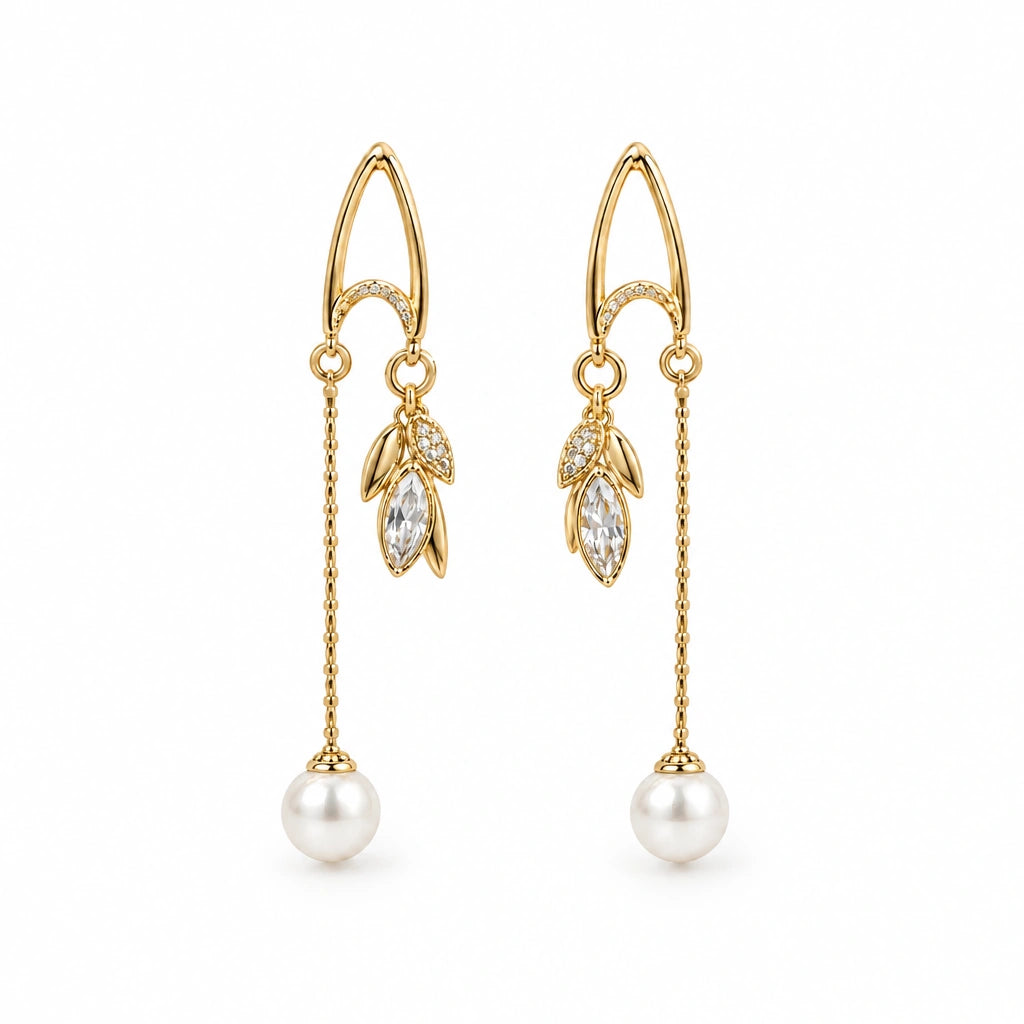 Pearl Leaf Chain Threader Earrings by Oraki Jewels, front view on white