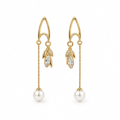 Pearl Leaf Chain Threader Earrings by Oraki Jewels, front view on white