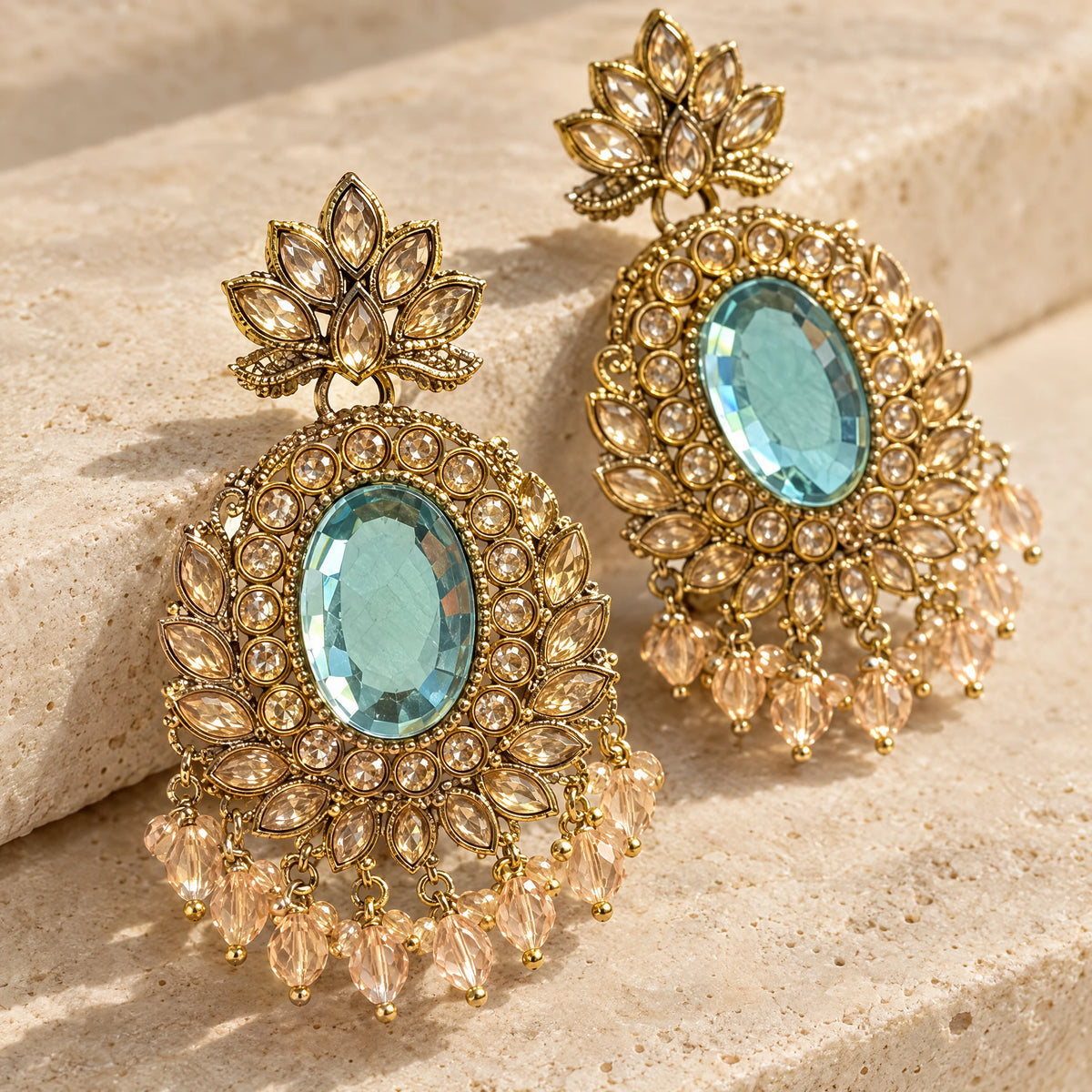 Rajwada Aqua Oval Crystal Chandbali Earrings by Oraki Jewels, detail close-up
