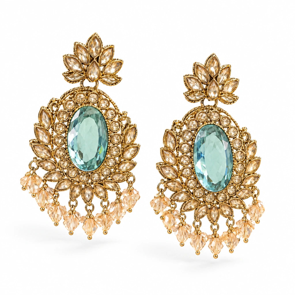 Rajwada Aqua Oval Crystal Chandbali Earrings by Oraki Jewels, angled view on white