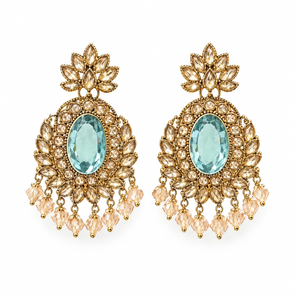 Rajwada Aqua Oval Crystal Chandbali Earrings by Oraki Jewels, front view on white