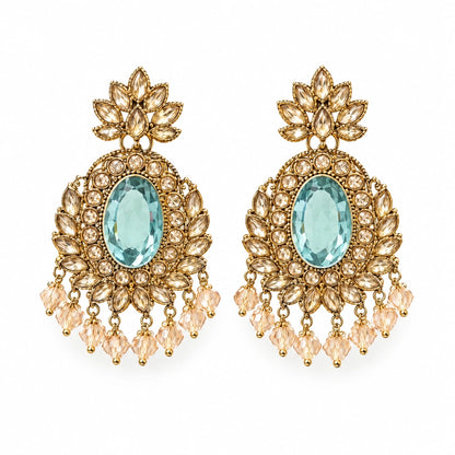 Rajwada Aqua Oval Crystal Chandbali Earrings by Oraki Jewels, front view on white