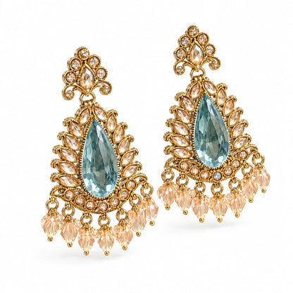 Rajwada Aqua Pear Crystal Chandbali Earrings by Oraki Jewels, angled view on white