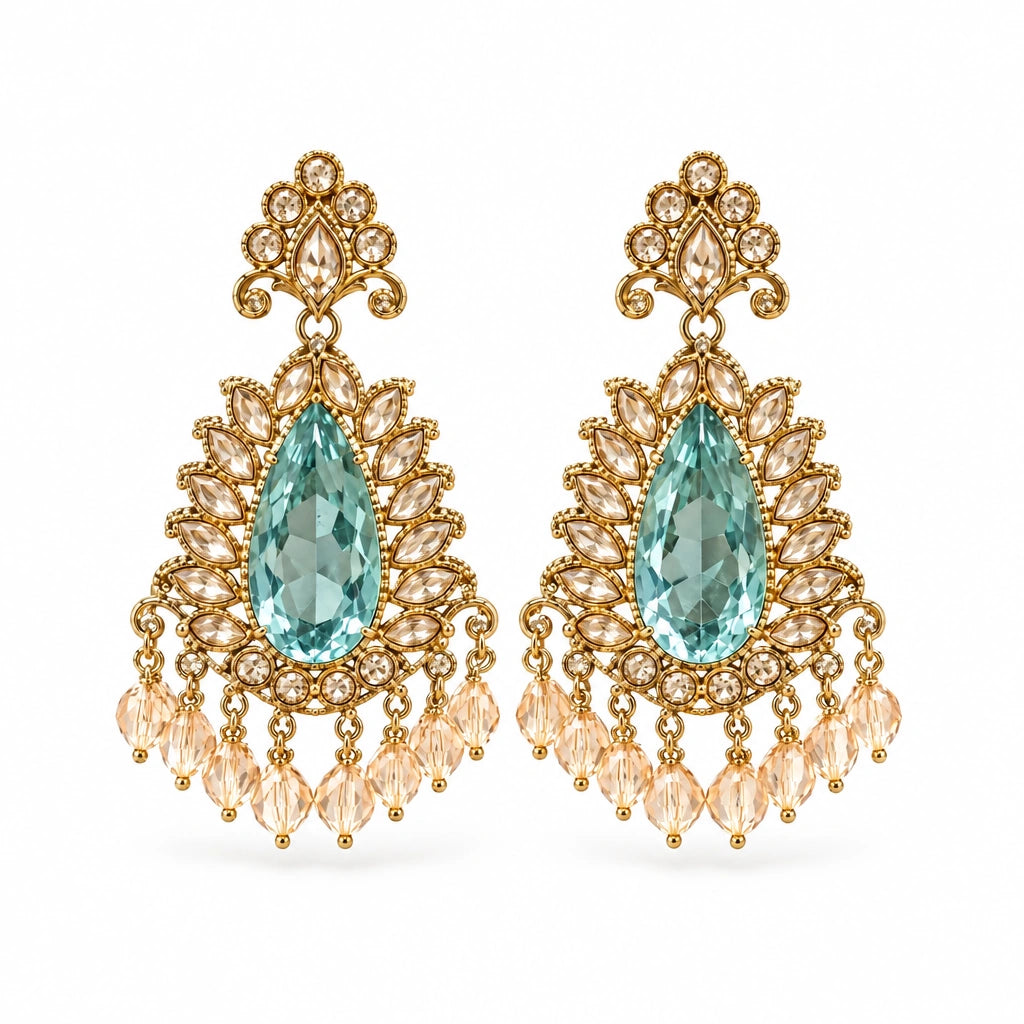 Rajwada Aqua Pear Crystal Chandbali Earrings by Oraki Jewels, front view on white