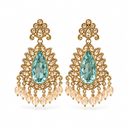 Rajwada Aqua Pear Crystal Chandbali Earrings by Oraki Jewels, front view on white