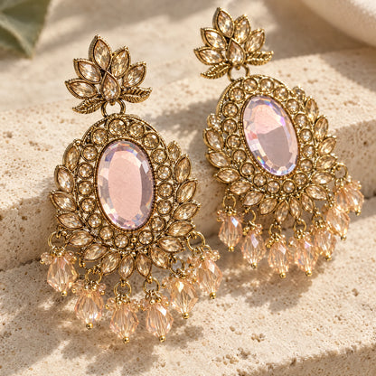Rajwada Blush Oval Crystal Chandbali Earrings by Oraki Jewels, detail close-up
