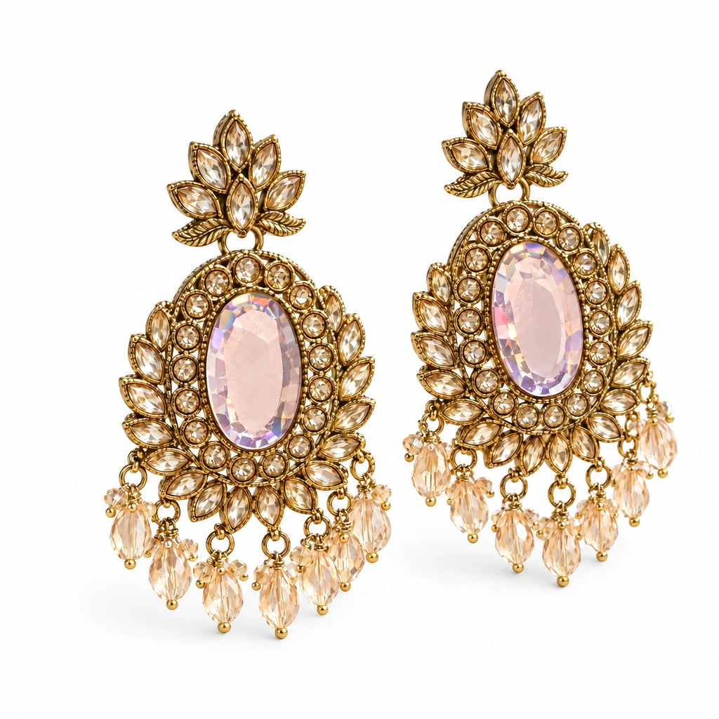 Rajwada Blush Oval Crystal Chandbali Earrings by Oraki Jewels, angled view on white
