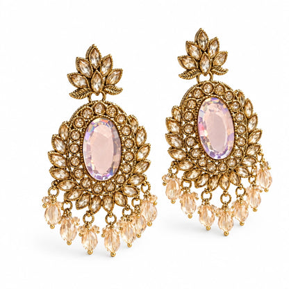 Rajwada Blush Oval Crystal Chandbali Earrings by Oraki Jewels, angled view on white