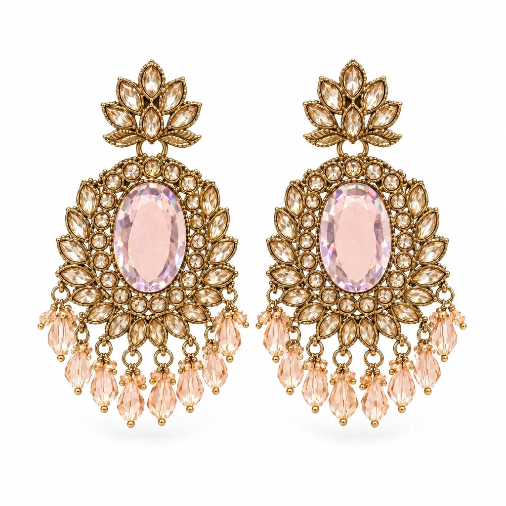 Rajwada Blush Oval Crystal Chandbali Earrings by Oraki Jewels, front view on white