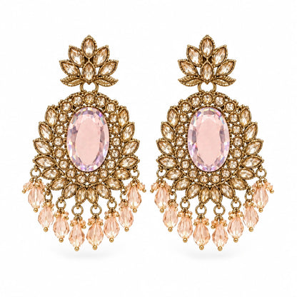 Rajwada Blush Oval Crystal Chandbali Earrings by Oraki Jewels, front view on white