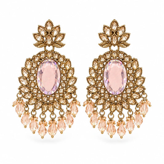 Rajwada Blush Oval Crystal Chandbali Earrings by Oraki Jewels, front view on white