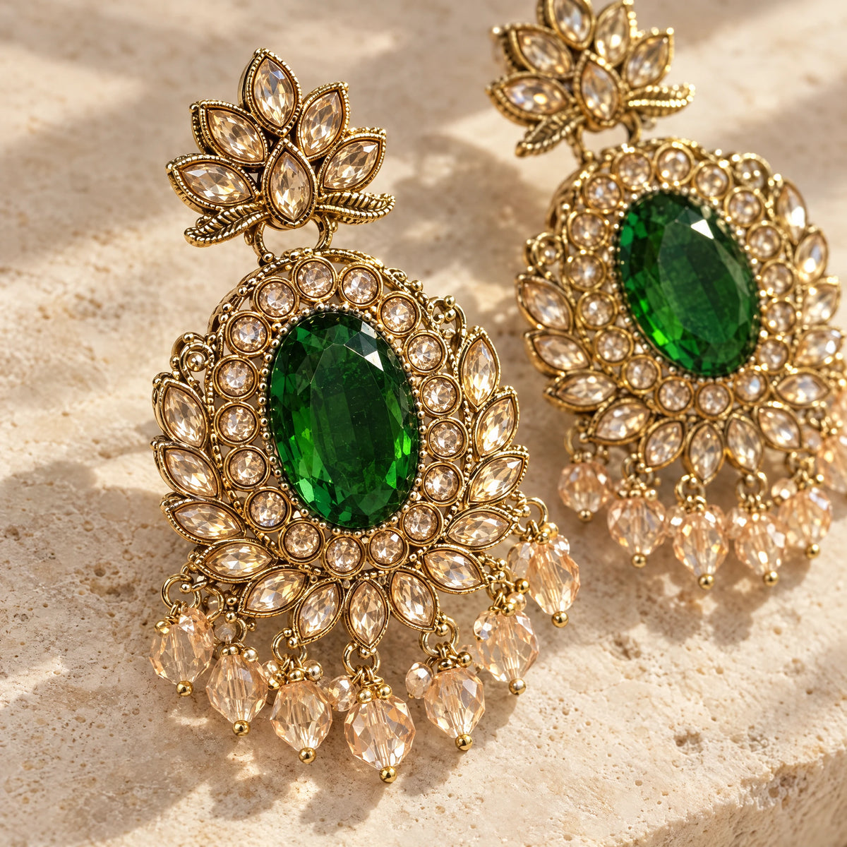 Rajwada Emerald Green Oval Crystal Chandbali Earrings by Oraki Jewels, detail close-up