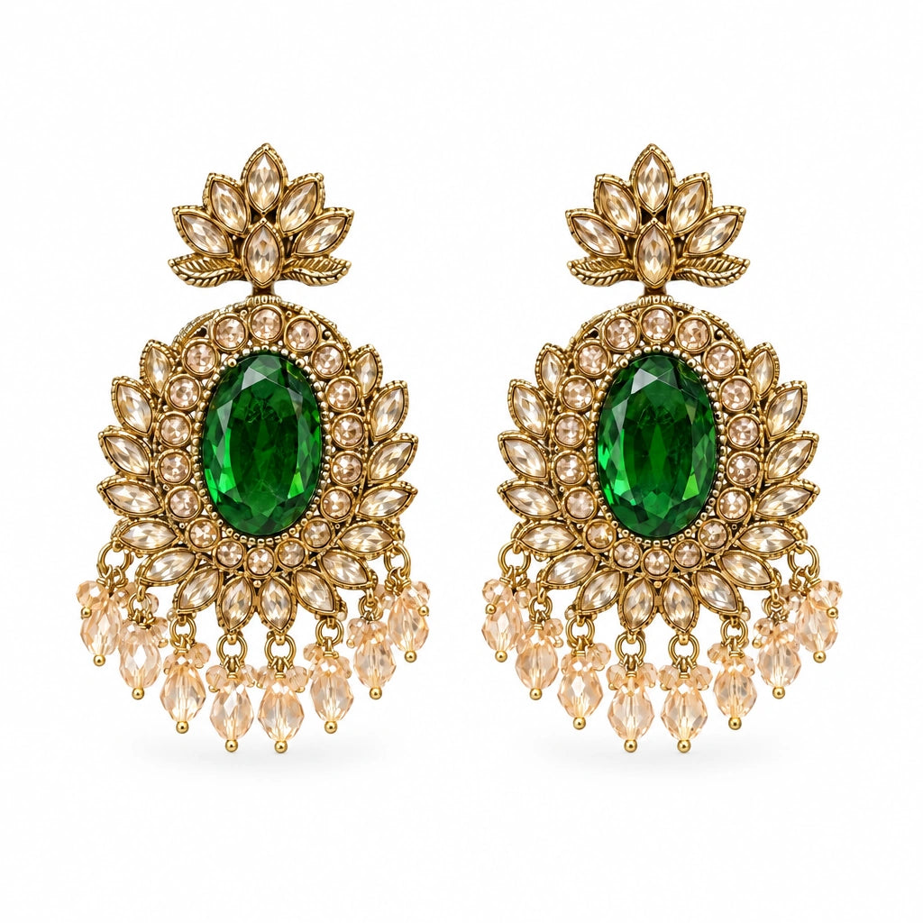 Rajwada Emerald Green Oval Crystal Chandbali Earrings by Oraki Jewels, front view on white