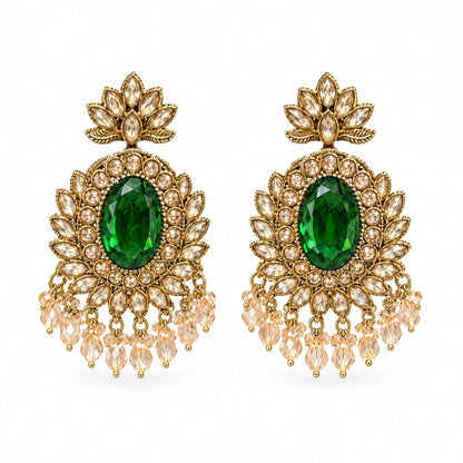 Rajwada Emerald Green Oval Crystal Chandbali Earrings by Oraki Jewels, front view on white