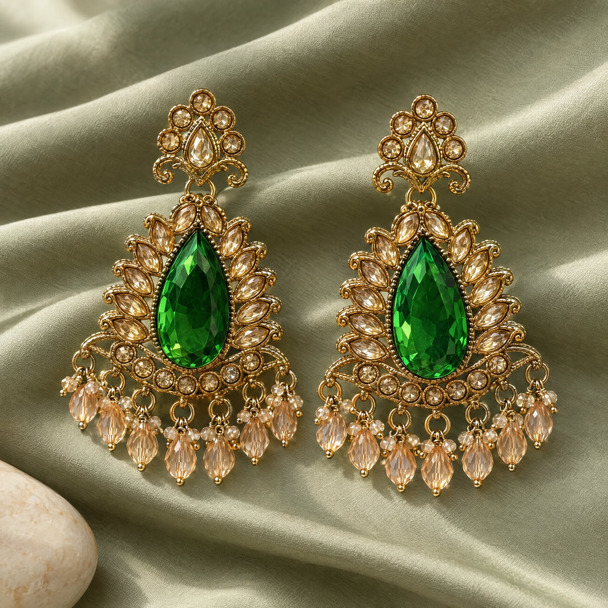 Rajwada Emerald Green Pear Crystal Chandbali Earrings by Oraki Jewels, styled studio view