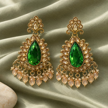 Rajwada Emerald Green Pear Crystal Chandbali Earrings by Oraki Jewels, styled studio view