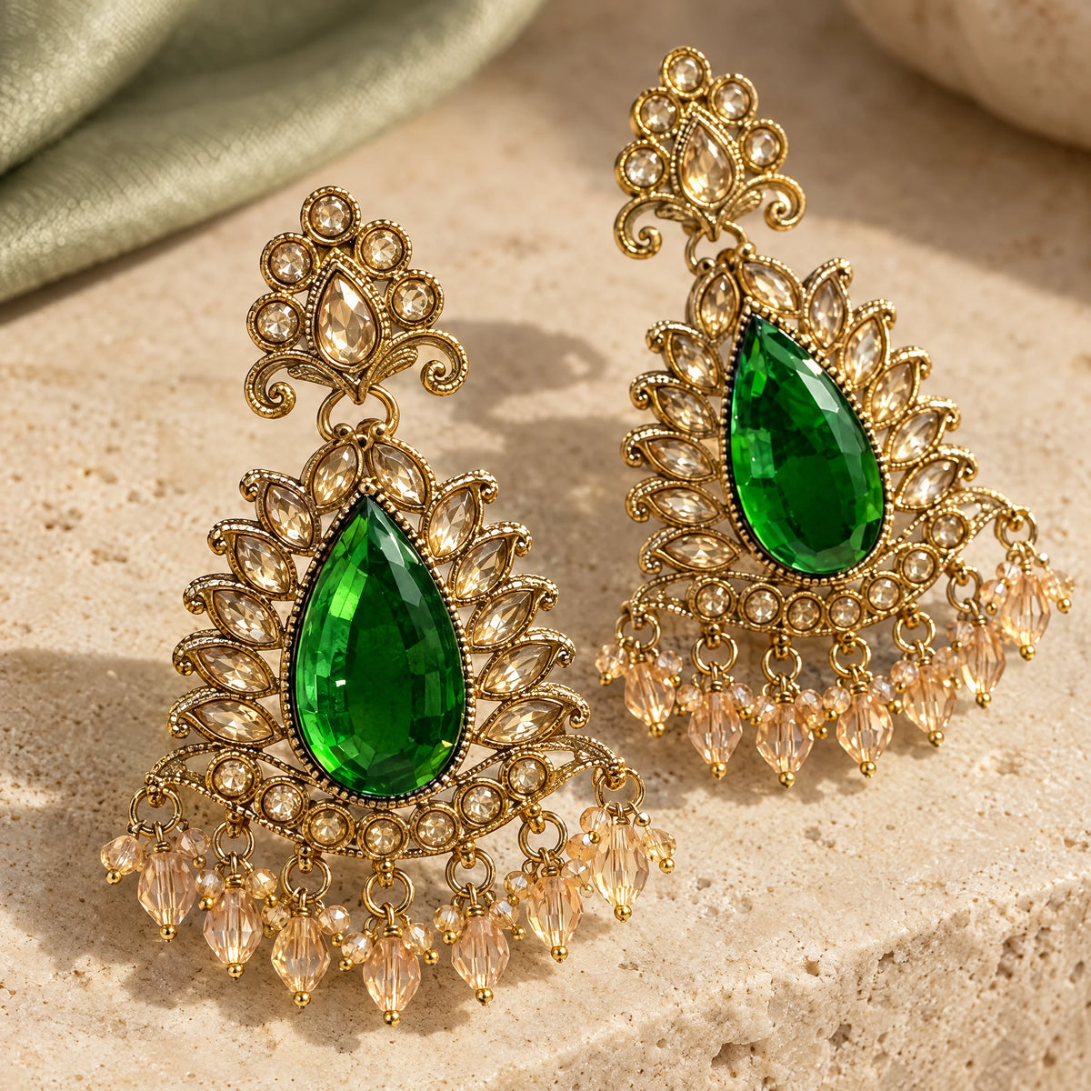 Rajwada Emerald Green Pear Crystal Chandbali Earrings by Oraki Jewels, detail close-up
