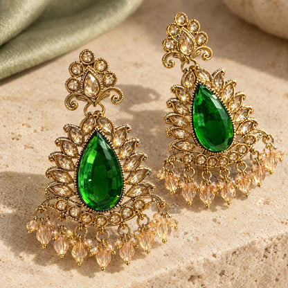 Rajwada Emerald Green Pear Crystal Chandbali Earrings by Oraki Jewels, detail close-up