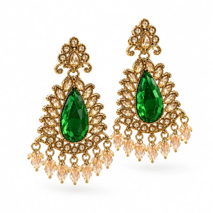 Rajwada Emerald Green Pear Crystal Chandbali Earrings by Oraki Jewels, angled view on white