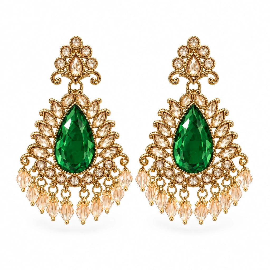 Rajwada Emerald Green Pear Crystal Chandbali Earrings by Oraki Jewels, front view on white