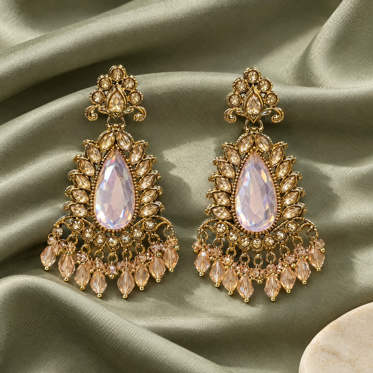 Rajwada Lavender Pear Crystal Chandbali Earrings by Oraki Jewels, styled studio view