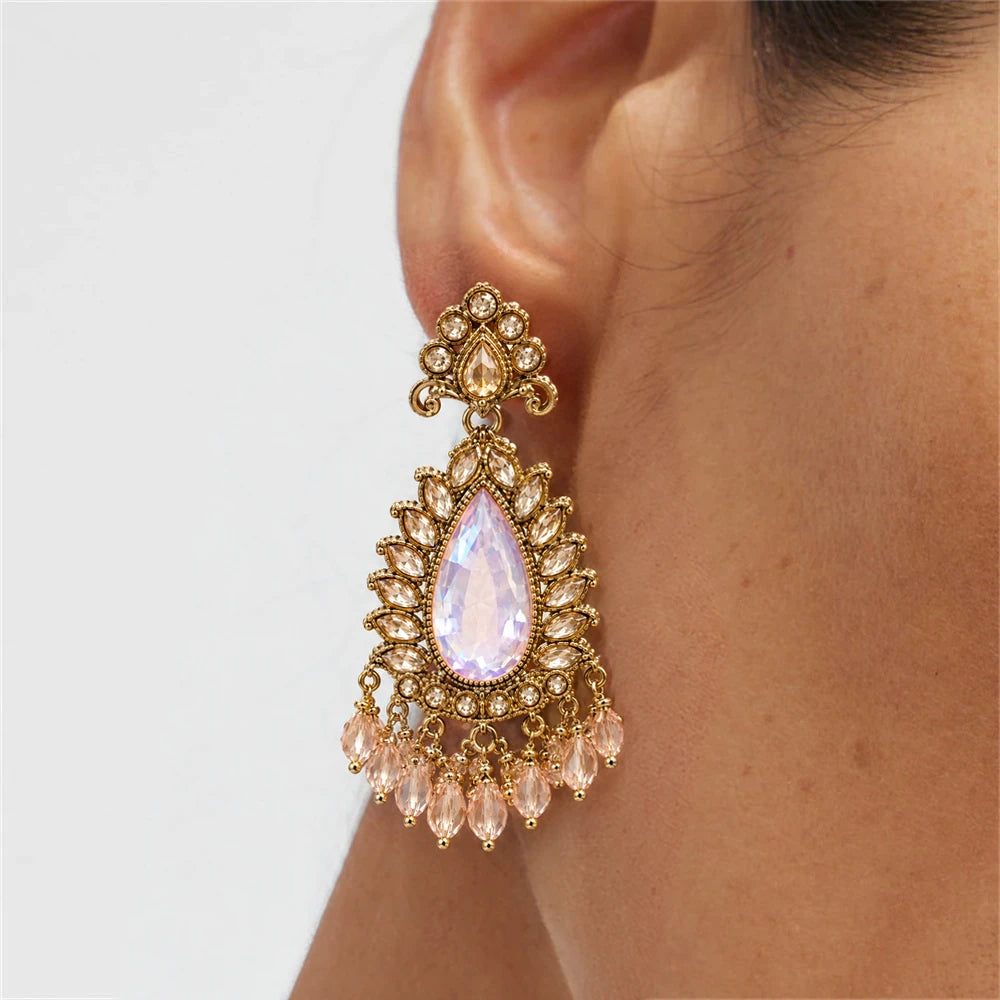 Rajwada Lavender Pear Crystal Chandbali Earrings by Oraki Jewels, shown worn for styling