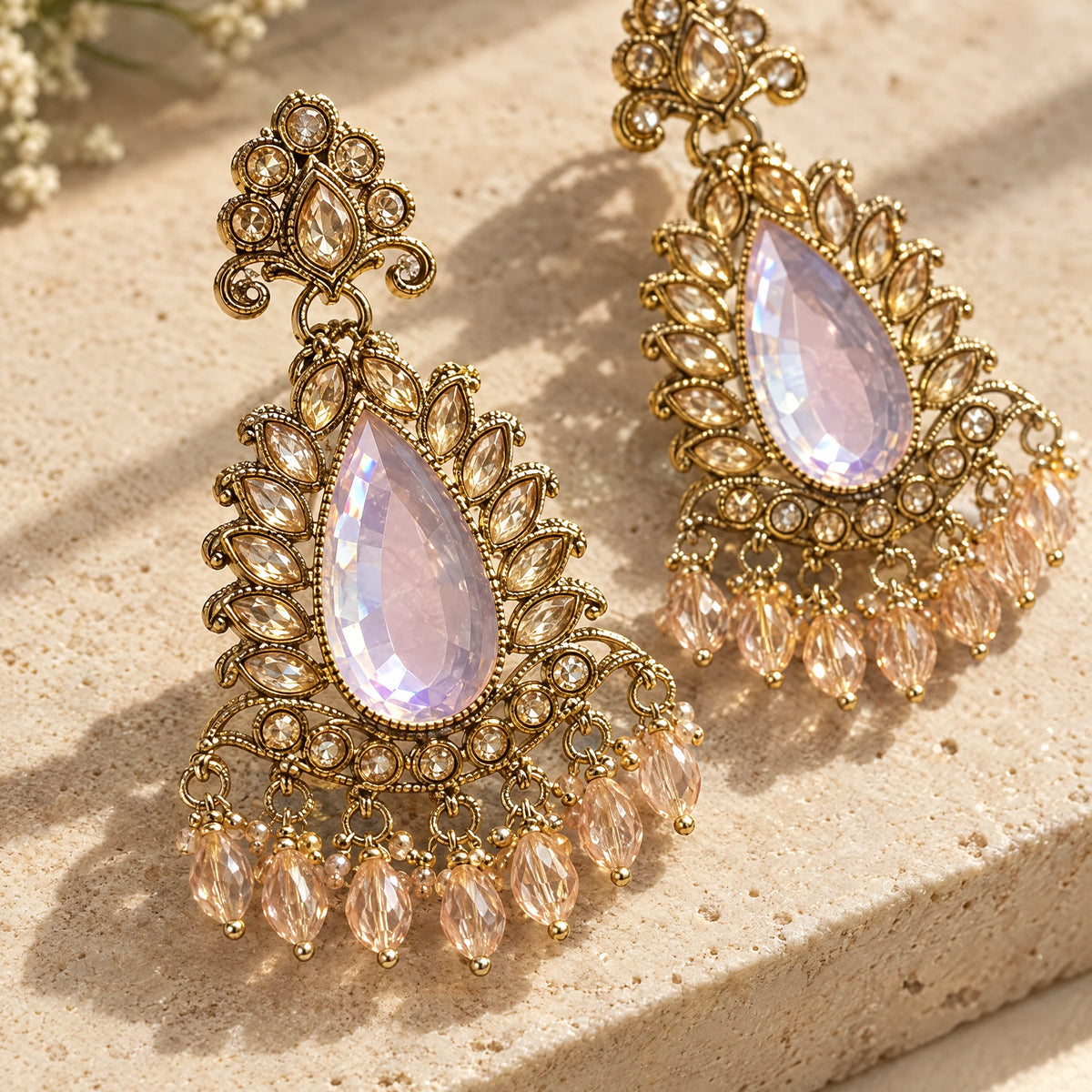 Rajwada Lavender Pear Crystal Chandbali Earrings by Oraki Jewels, detail close-up