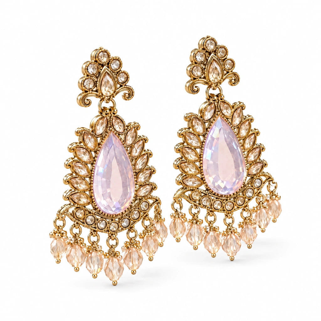 Rajwada Lavender Pear Crystal Chandbali Earrings by Oraki Jewels, angled view on white