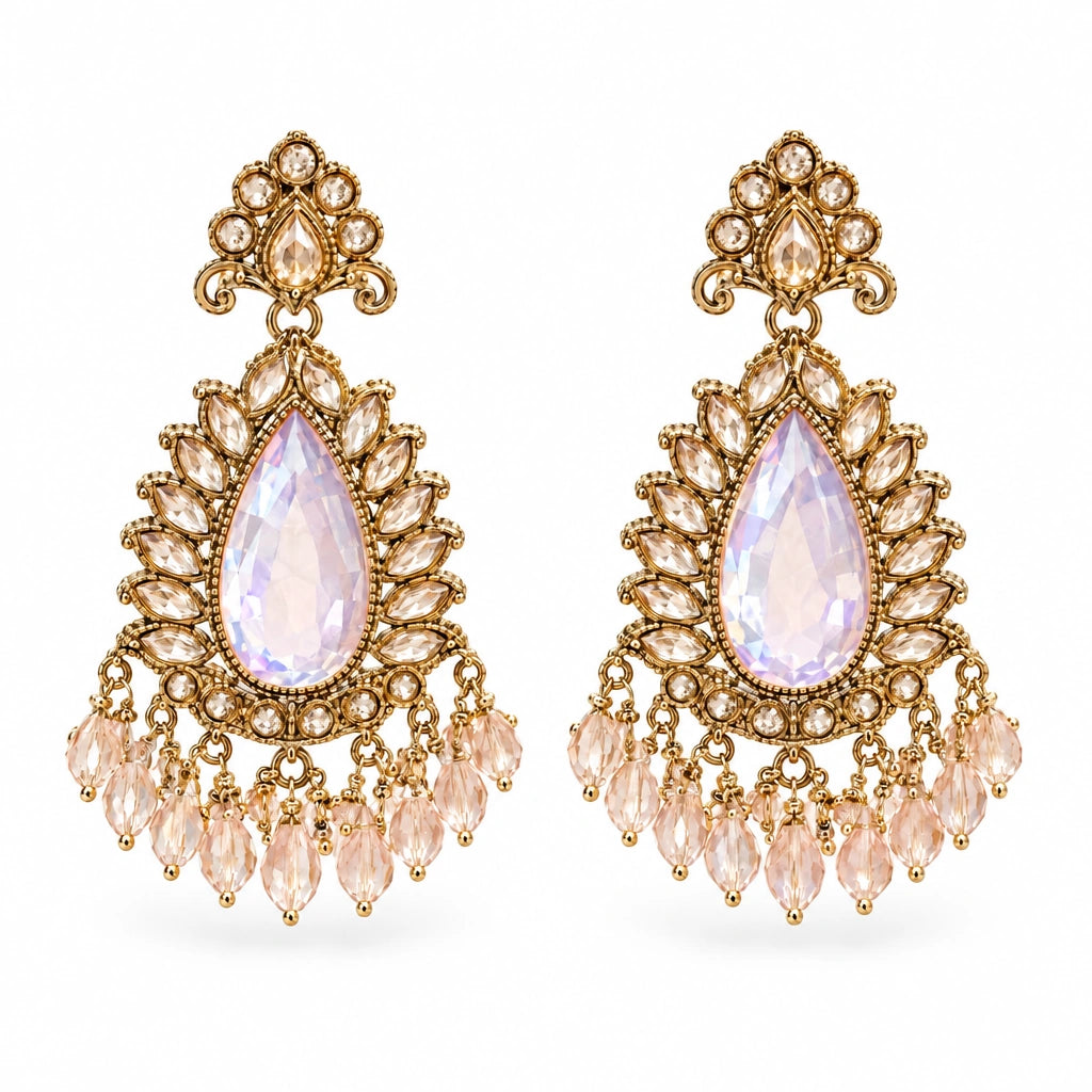 Rajwada Lavender Pear Crystal Chandbali Earrings by Oraki Jewels, front view on white