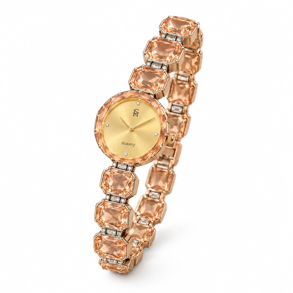 Rose Crystal Bracelet Watch by Oraki Jewels, angled view on white