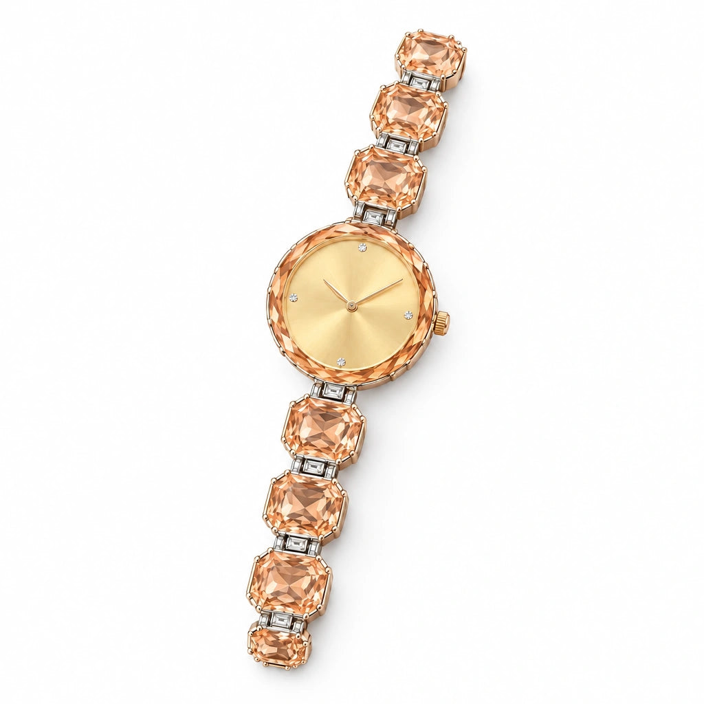 Rose Crystal Bracelet Watch by Oraki Jewels, front view on white
