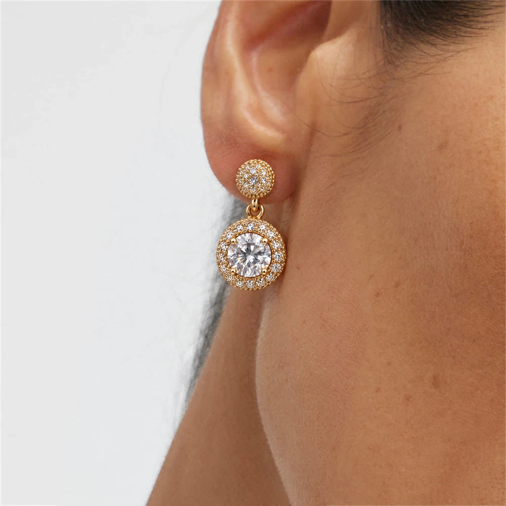 Round Halo Crystal Drop Earrings by Oraki Jewels, shown worn for styling