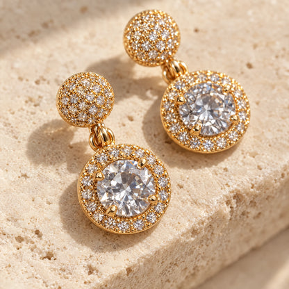 Round Halo Crystal Drop Earrings by Oraki Jewels, detail close-up