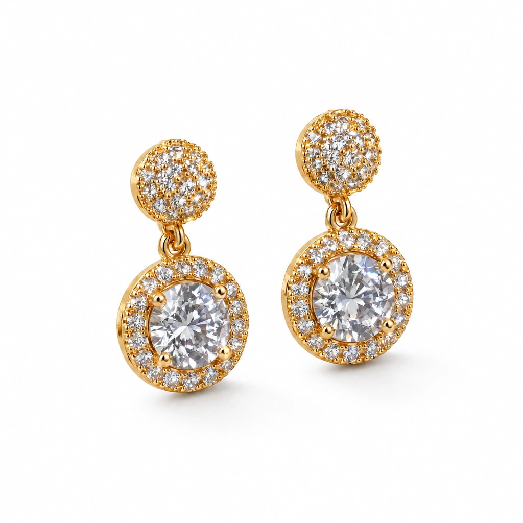 Round Halo Crystal Drop Earrings by Oraki Jewels, angled view on white
