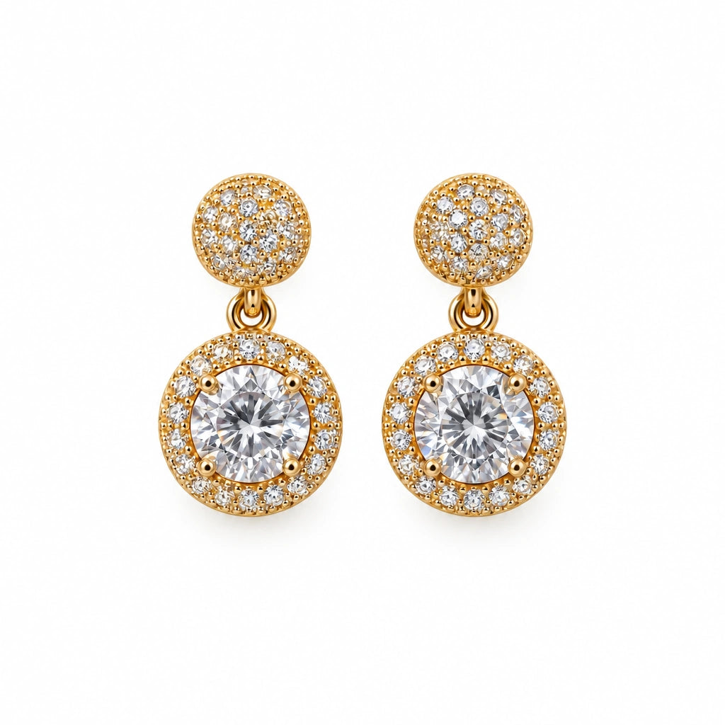 Round Halo Crystal Drop Earrings by Oraki Jewels, front view on white