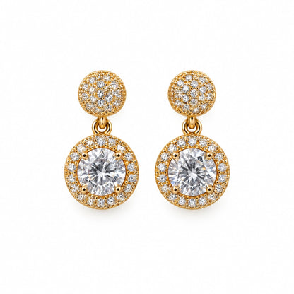 Round Halo Crystal Drop Earrings by Oraki Jewels, front view on white