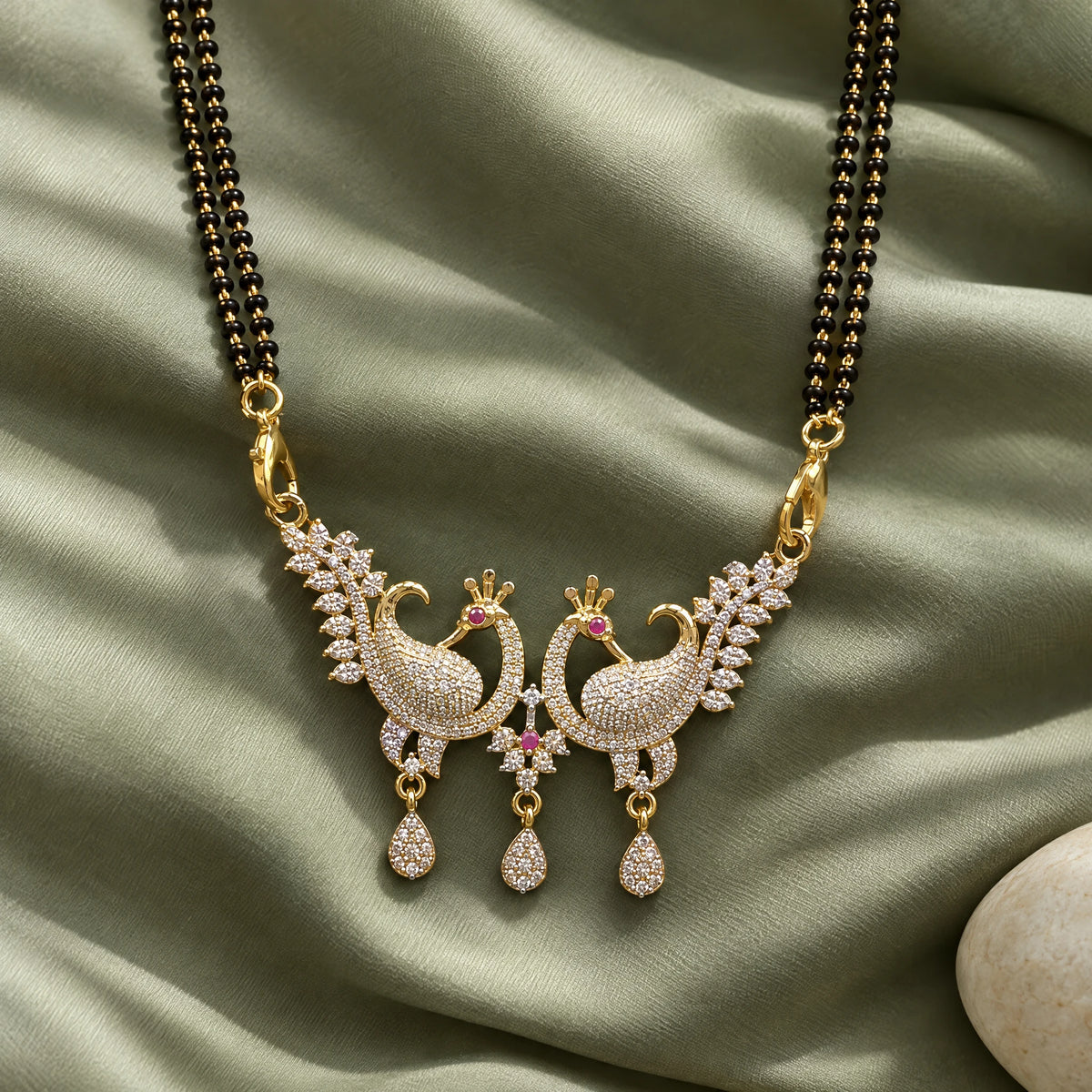 Royal Peacock Crystal Black Bead Mangalsutra by Oraki Jewels, styled studio view