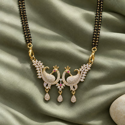 Royal Peacock Crystal Black Bead Mangalsutra by Oraki Jewels, styled studio view