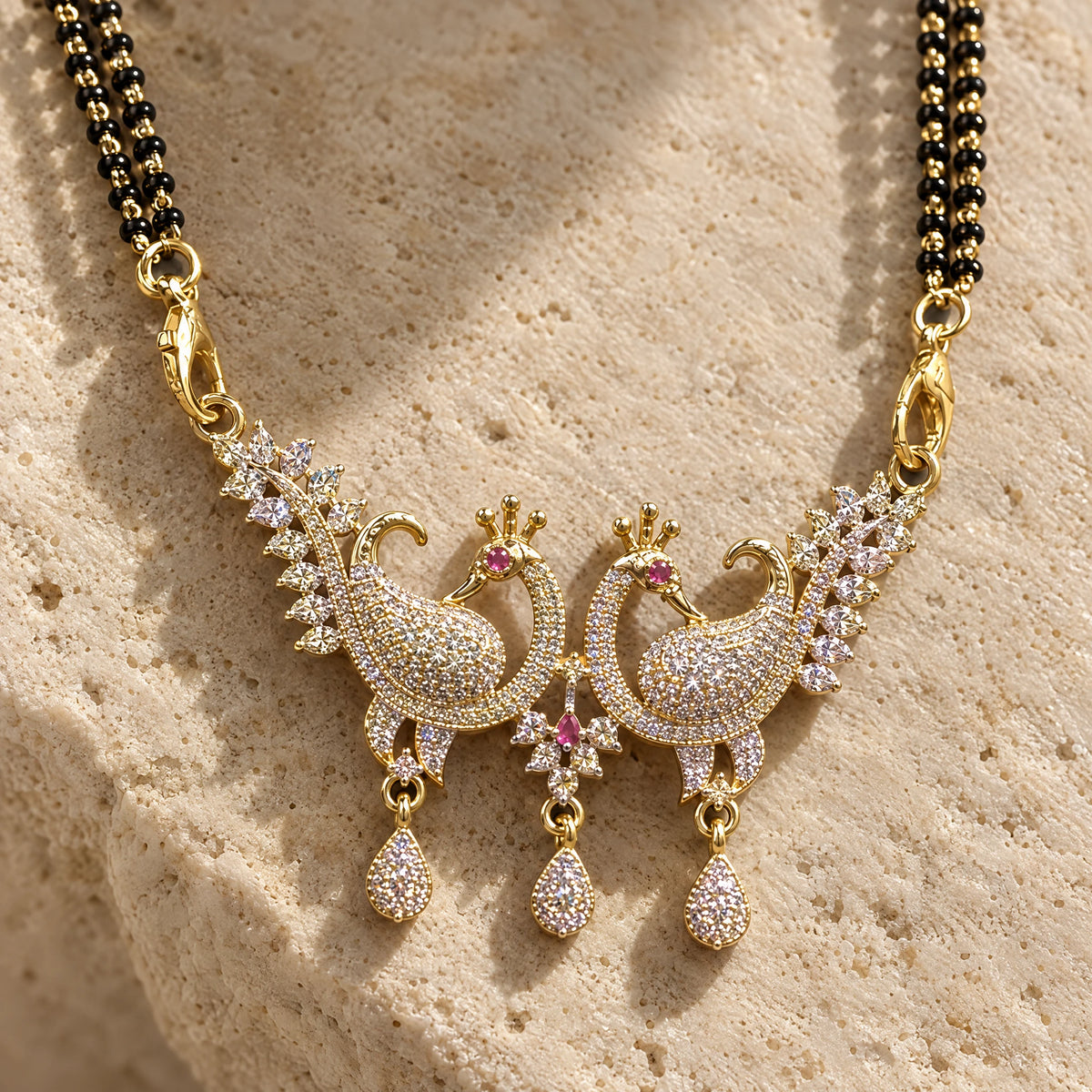 Royal Peacock Crystal Black Bead Mangalsutra by Oraki Jewels, detail close-up