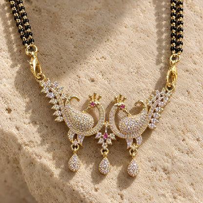 Royal Peacock Crystal Black Bead Mangalsutra by Oraki Jewels, detail close-up