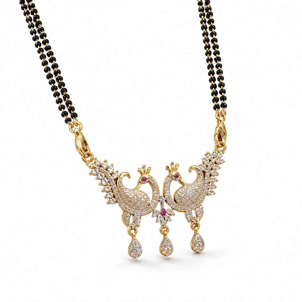 Royal Peacock Crystal Black Bead Mangalsutra by Oraki Jewels, angled view on white