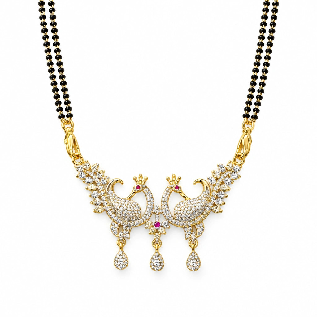 Royal Peacock Crystal Black Bead Mangalsutra by Oraki Jewels, front view on white