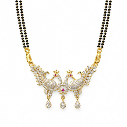 Royal Peacock Crystal Black Bead Mangalsutra by Oraki Jewels, front view on white