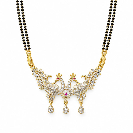 Royal Peacock Crystal Black Bead Mangalsutra by Oraki Jewels, front view on white