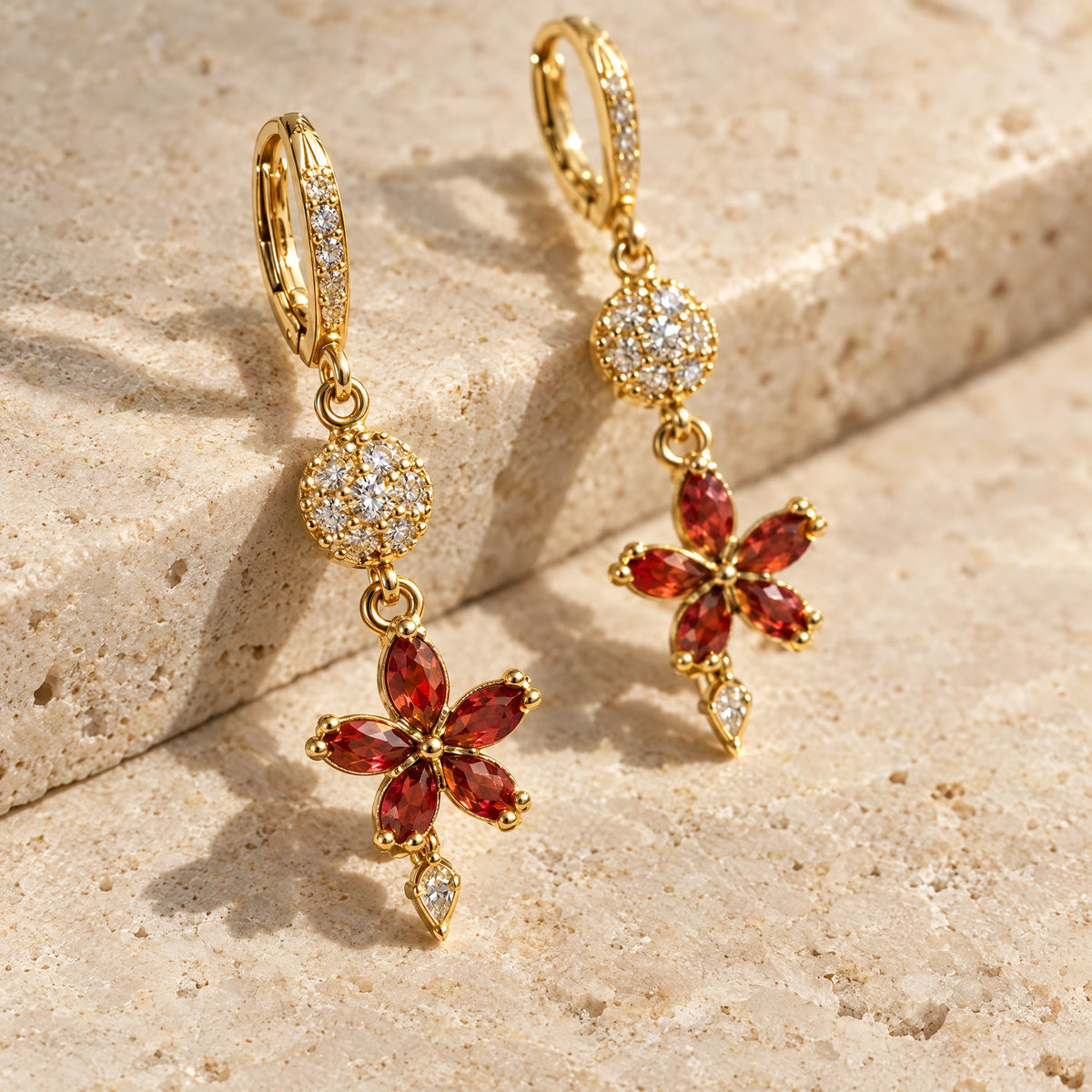 Ruby Floral Crystal Dangle Earrings by Oraki Jewels, detail close-up