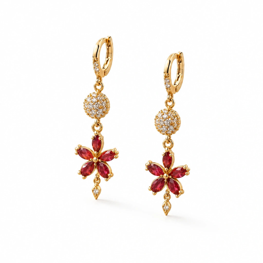 Ruby Floral Crystal Dangle Earrings by Oraki Jewels, angled view on white