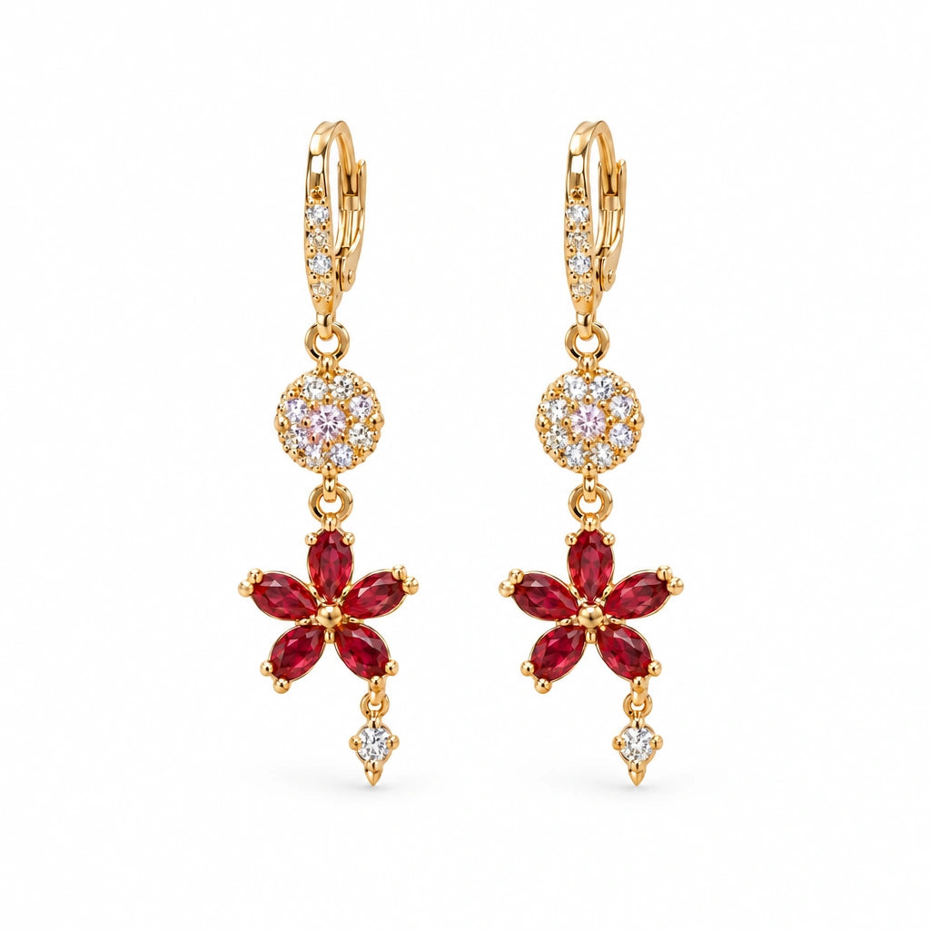 Ruby Floral Crystal Dangle Earrings by Oraki Jewels, front view on white