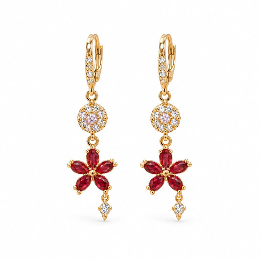 Ruby Floral Crystal Dangle Earrings by Oraki Jewels, front view on white